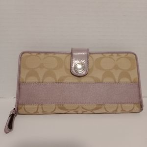 Coach Lavender Beige Signature Striped Accordion Zip Around Wallet 45798